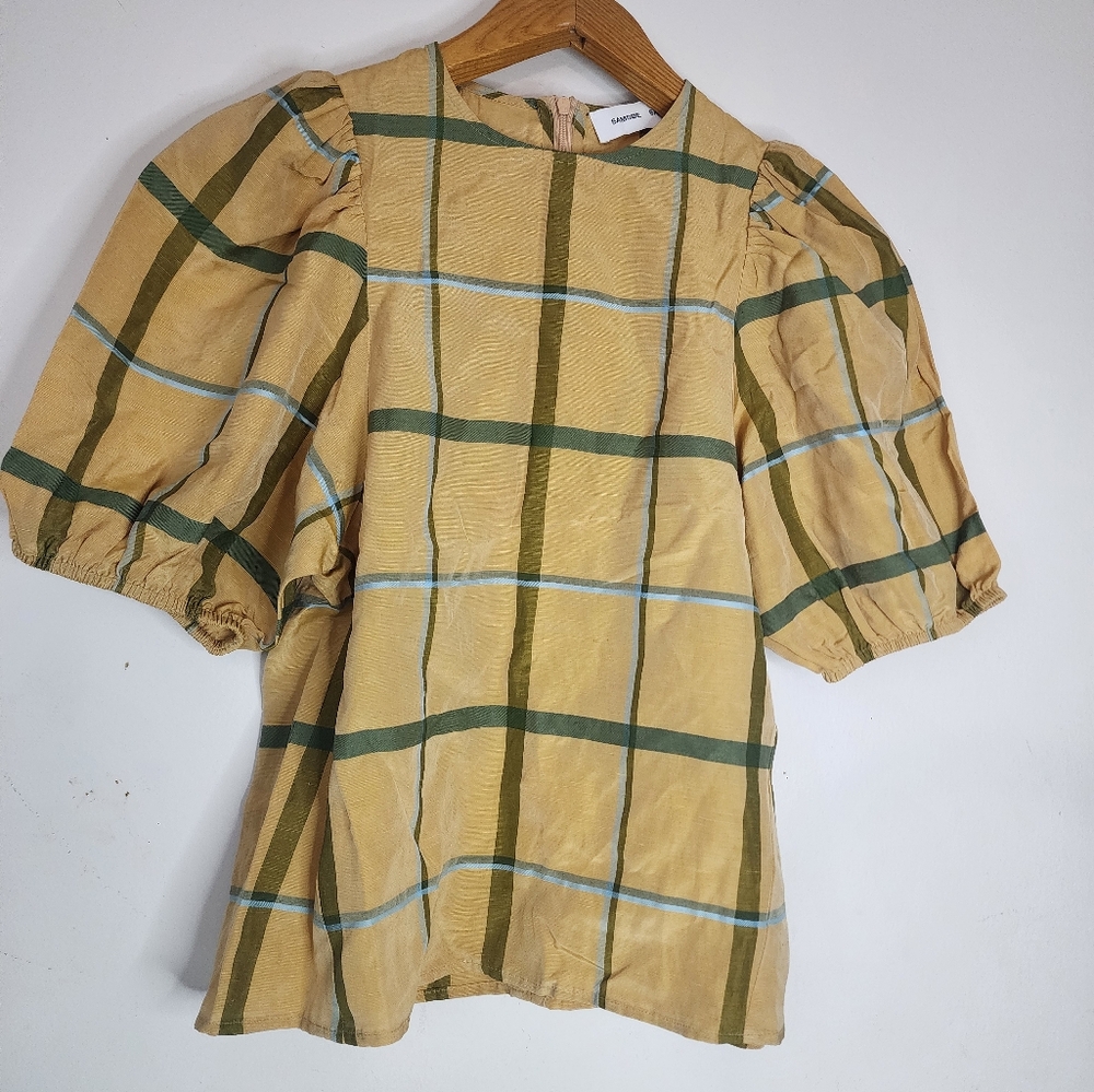 Samsøe Samsøe Orion Check Puff Sleeve Top In Sahara Green